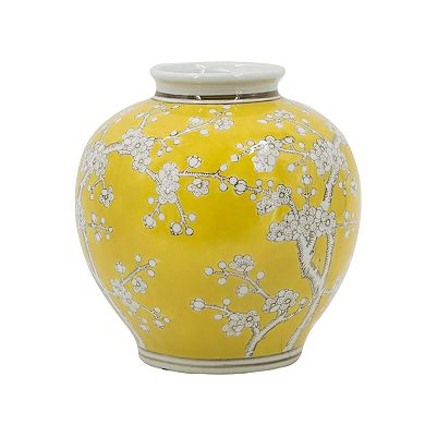 HomeRoots 9" Yellow And White Chinoiserie Floral Porcelain Table Vase