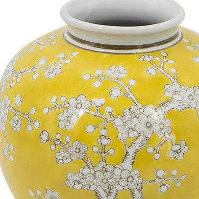 HomeRoots 9" Yellow And White Chinoiserie Floral Porcelain Table Vase