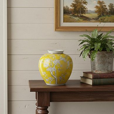 HomeRoots 9" Yellow And White Chinoiserie Floral Porcelain Table Vase