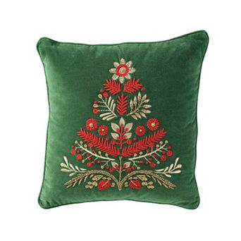 HomeRoots 18" Green And Red Floral Velvet Cotton Christmas Tree Throw Pillow