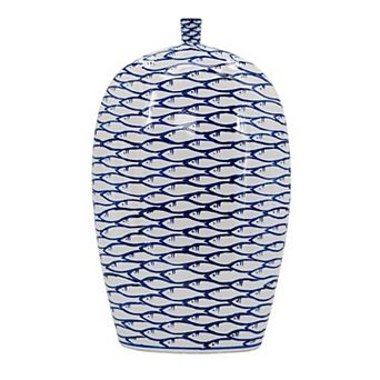 HomeRoots 16" Blue And White Fish Print Oval Ceramic Table Vase