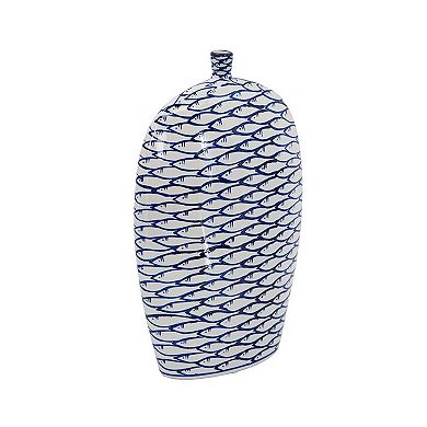 HomeRoots 16" Blue And White Fish Print Oval Ceramic Table Vase