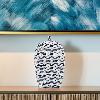 HomeRoots 16" Blue And White Fish Print Oval Ceramic Table Vase