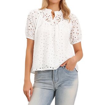 Summer Eyelet Top for Women Ruffle Mock Neck Puffy Short Sleeve Cotton Casual Blouses Top