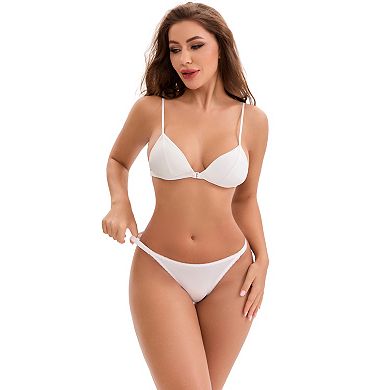 Women's Satin Front Closure Spaghetti Straps Plunge Wirefree Triangle Bra No Show Thong Set