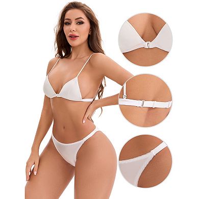Women's Satin Front Closure Spaghetti Straps Plunge Wirefree Triangle Bra No Show Thong Set