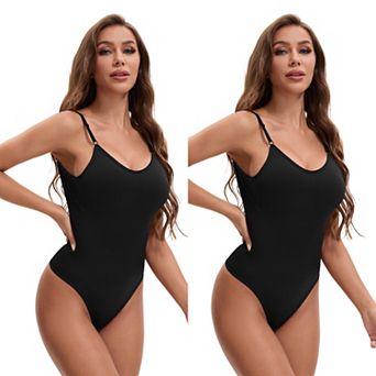2 Packs Women's Slim Fit Bodysuit Spaghetti Strap Open Backless TummyControl Thong Leotard Shapewear