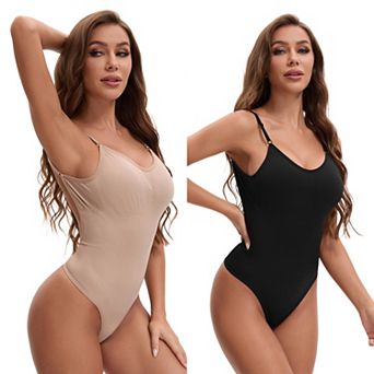 2 Packs Women's Slim Fit Bodysuit Spaghetti Strap Open Backless TummyControl Thong Leotard Shapewear
