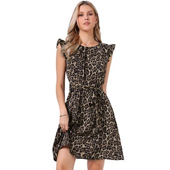 Leopard Ruffled Sleeve Dress for Women's Round Neck Flowy Belted A-Line Dress