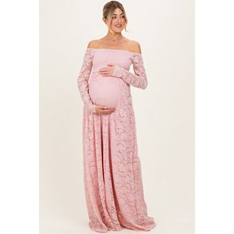 Maternity Pink Floral Lace Long Sleeve Off Shoulder Maxi Dress
