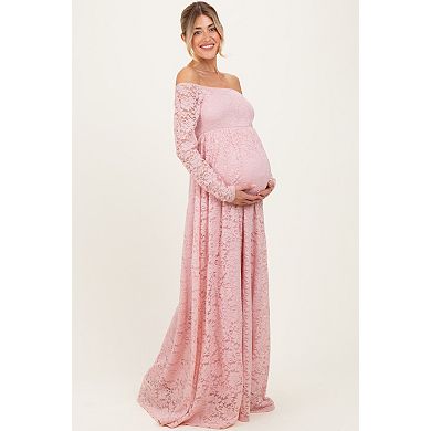 Maternity Pink Floral Lace Long Sleeve Off Shoulder Maxi Dress