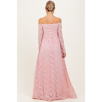 Maternity Pink Floral Lace Long Sleeve Off Shoulder Maxi Dress