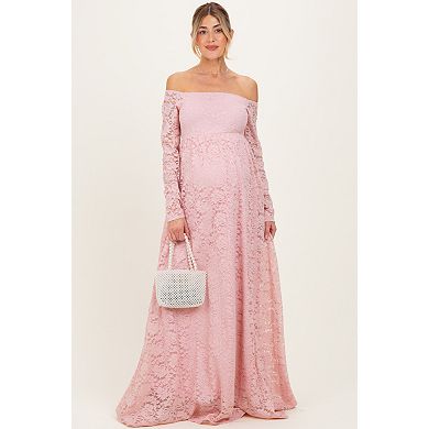 Maternity Pink Floral Lace Long Sleeve Off Shoulder Maxi Dress