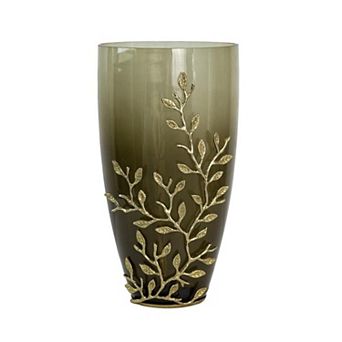 HomeRoots 15" Dark Olive Green And Gold Branch Patterned Glass And Aluminum Table Vase