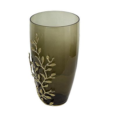 HomeRoots 15" Dark Olive Green And Gold Branch Patterned Glass And Aluminum Table Vase