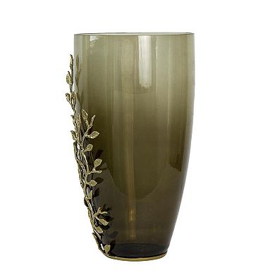 HomeRoots 15" Dark Olive Green And Gold Branch Patterned Glass And Aluminum Table Vase