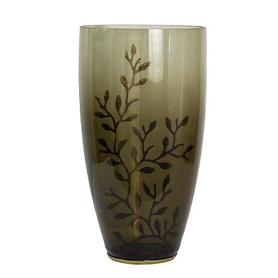 HomeRoots 15" Dark Olive Green And Gold Branch Patterned Glass And Aluminum Table Vase