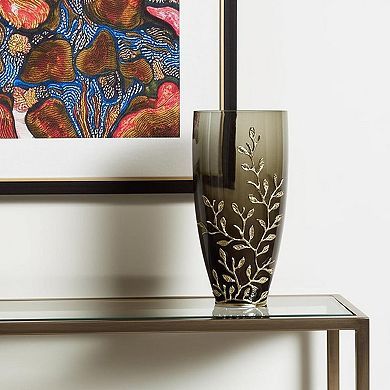 HomeRoots 15" Dark Olive Green And Gold Branch Patterned Glass And Aluminum Table Vase