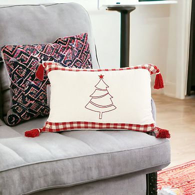 HomeRoots 16" X 24" Red and White Christmas Tree Cotton Zippered Pillow With Tassels
