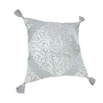 HomeRoots 18" Silver And Gray Medallion Viscose Throw Pillow Cover with Tassels