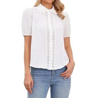 Short Sleeve Cotton Blouse for Women's Peter Pan Collar Button Up Crochet Panel Top