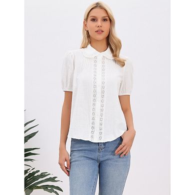 Short Sleeve Cotton Blouse for Women's Peter Pan Collar Button Up Crochet Panel Top