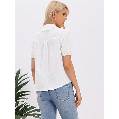 Short Sleeve Cotton Blouse for Women's Peter Pan Collar Button Up Crochet Panel Top