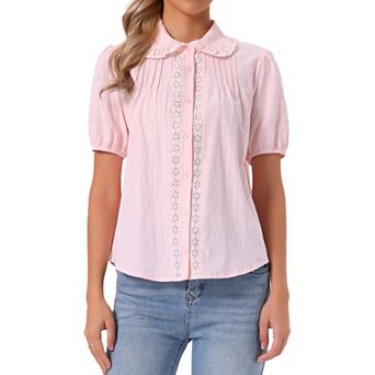 Short Sleeve Cotton Blouse for Women's Peter Pan Collar Button Up Crochet Panel Top