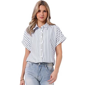 Striped Work Tops for Women's Button Down Short Sleeve Business Blouses