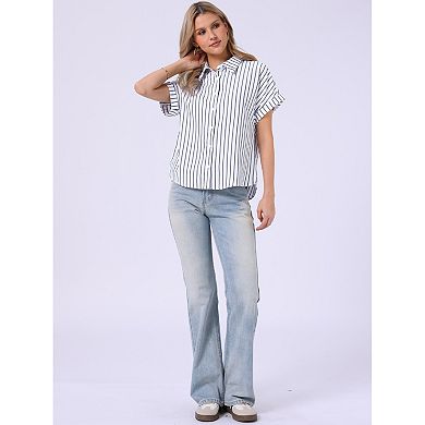 Striped Work Tops for Women's Button Down Short Sleeve Business Blouses