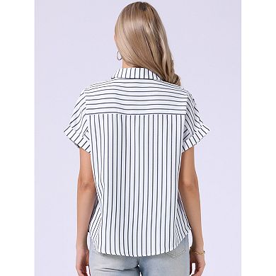 Striped Work Tops for Women's Button Down Short Sleeve Business Blouses