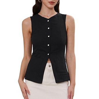Sleeveless Suit Vest for Women Summer Button Down Cotton Vest Tops Business Work Blazer Waistcoat