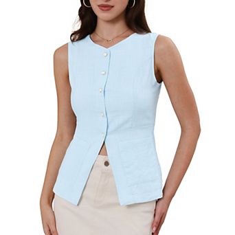 Sleeveless Suit Vest for Women Summer Button Down Cotton Vest Tops Business Work Blazer Waistcoat