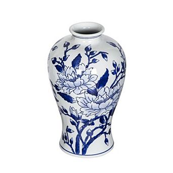HomeRoots 13" Blue And White Floral Chinoiserie Round Porcelain Table Vase