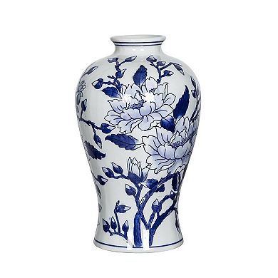 HomeRoots 13" Blue And White Floral Chinoiserie Round Porcelain Table Vase