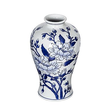 HomeRoots 13" Blue And White Floral Chinoiserie Round Porcelain Table Vase