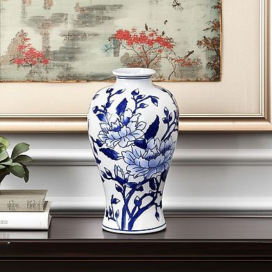 HomeRoots 13" Blue And White Floral Chinoiserie Round Porcelain Table Vase