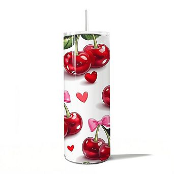 Cherry Bow Pattern 20oz Tumbler With Lid and Stainless Steel Straw, Valentine Travel Mug Gift