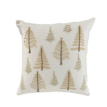 HomeRoots 18" Natural Silver And Gold Cotton Christmas Trees Throw Pillow With Beads And Embroidery