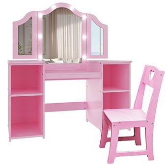 2 in Princess Kids Vanity Table Chair Set,Tri-Fold Lighted Mirror,Makeup Desk Writing Table for Girl
