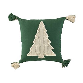HomeRoots 18" Green And Ivory Cotton Christmas Tree Throw Pillow with Tassels