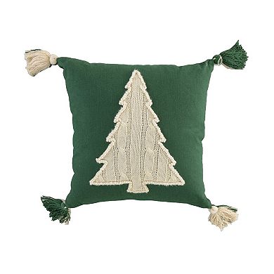 HomeRoots 18" Green And Ivory Cotton Christmas Tree Throw Pillow with Tassels