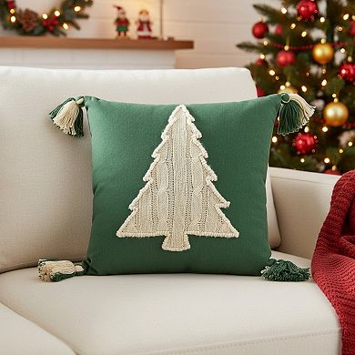 HomeRoots 18" Green And Ivory Cotton Christmas Tree Throw Pillow with Tassels