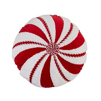 HomeRoots 16" Red And White Cotton Velvet Round Christmas Striped Throw Pillow