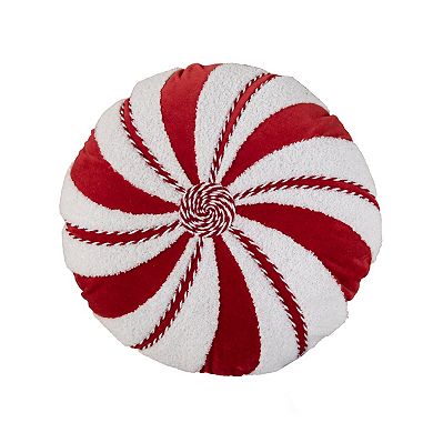 HomeRoots 16" Red And White Cotton Velvet Round Christmas Striped Throw Pillow