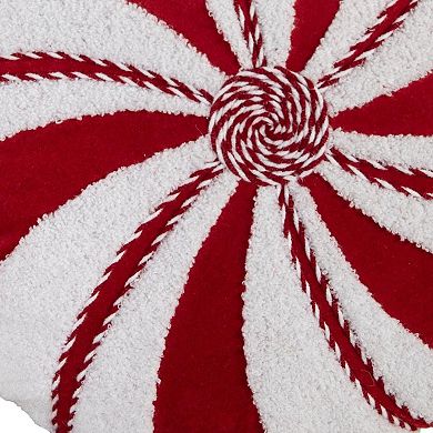 HomeRoots 16" Red And White Cotton Velvet Round Christmas Striped Throw Pillow