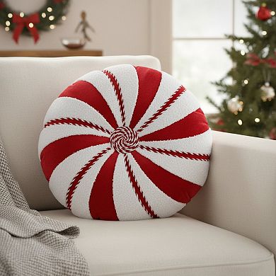 HomeRoots 16" Red And White Cotton Velvet Round Christmas Striped Throw Pillow