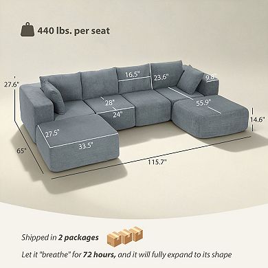 HOMCOM Modular Sectional Sofa, U-Shape Couch with 2 Ottomans