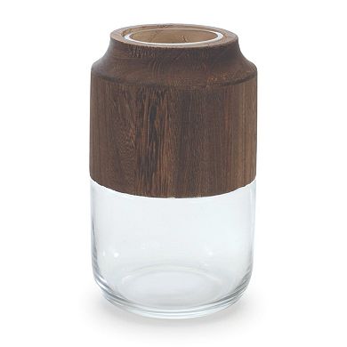 HomeRoots 9" Brown And Clear Glass Round Table Vase With Wood