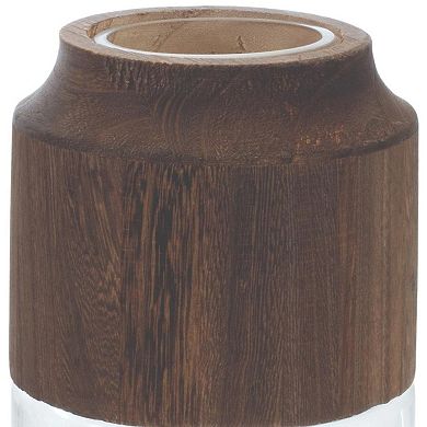 HomeRoots 9" Brown And Clear Glass Round Table Vase With Wood